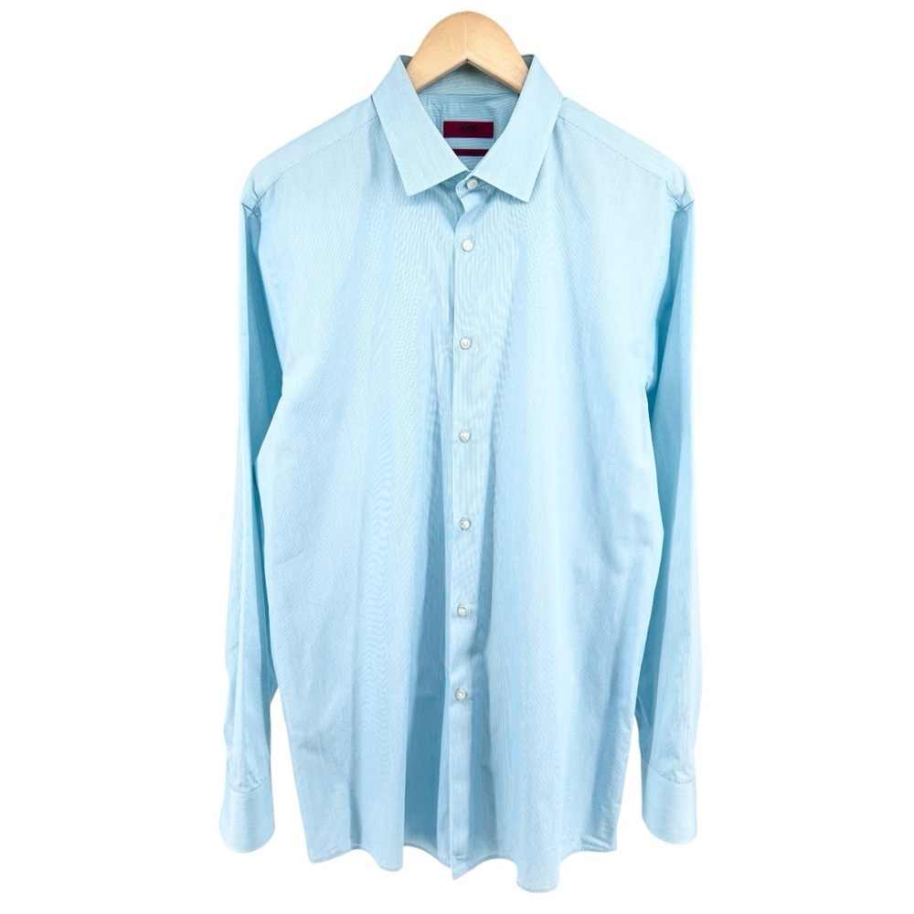Hugo Boss Mable Sharp Fit Dress Shirt Sz 17 Lrg Light Blue Pin Stripe Button Up